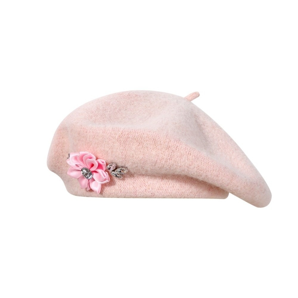 Beret French Wool - Zarif Düz Renk Yün Bere Çiçekli